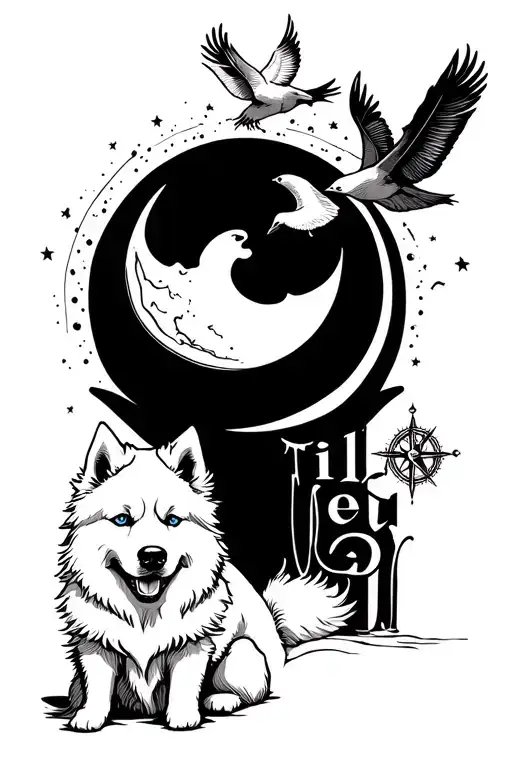 "TILLEY" white samoyed blue eyed dog sitting infront of moon, , with Feathers turning into Birds and a compass  tattoo design idea