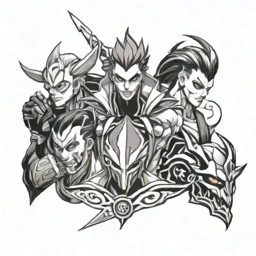 jinx, Ekko, pyke, draven, thresh league of legends tattoo design idea