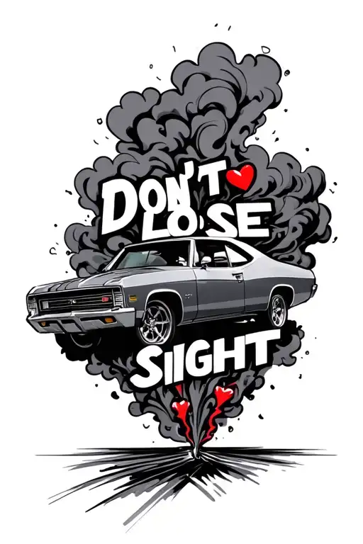 "Don’t lose sight" "Don’t lose sight" car doing burnout smoke. have some of the text red and have the car at the bottom. add a red heart  tattoo design idea