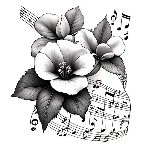 sweet pea and lady slippers and music notes intertwined tattoo design idea