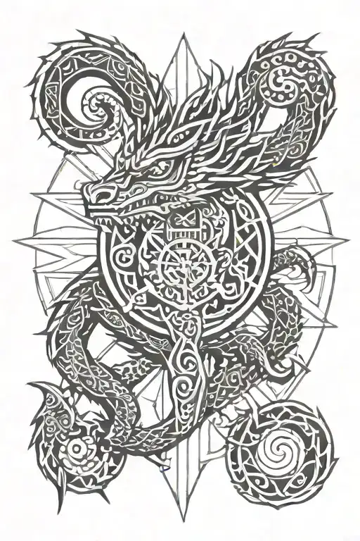 cross with Aztec dragon wrapped round tattoo design idea