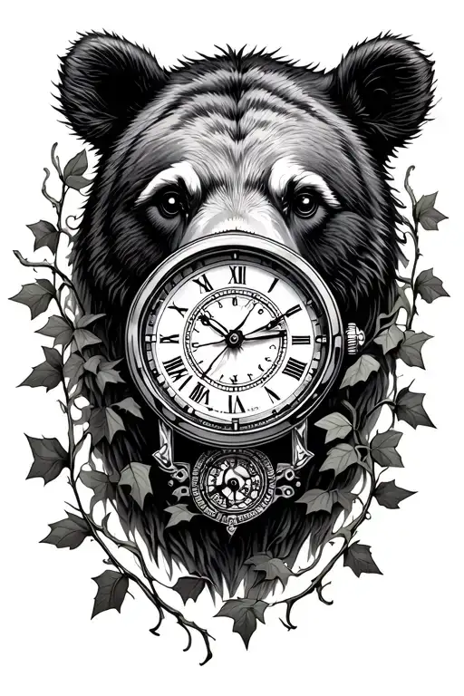 bear eye with cronograph watch surrounded with ivy vines tattoo design idea