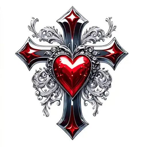 3d chrome heart cross tattoo design idea