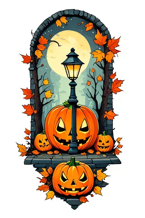 fall inspired, leaves, jack-o-lantern, trees, lamp post, cobble stone, cute, cozy tattoo design idea