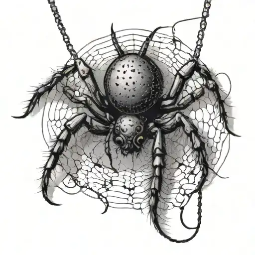 A dotwork tattoo of a gothic-inspired spider crawling on a fishing hook, combining your passion for fishing and spiders in a unique way tattoo design idea