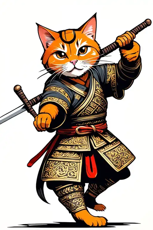 orange cat samurai warrior swinging a sword tattoo design idea