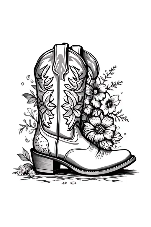 A detailed blackwork design of a cowboy boot with spurs, filled with various farm animals and flowers tattoo design idea