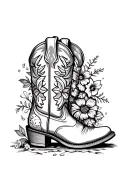 A detailed blackwork design of a cowboy boot with spurs, filled with various farm animals and flowers tattoo design idea
