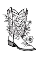 A detailed blackwork design of a cowboy boot with spurs, filled with various farm animals and flowers tattoo design idea