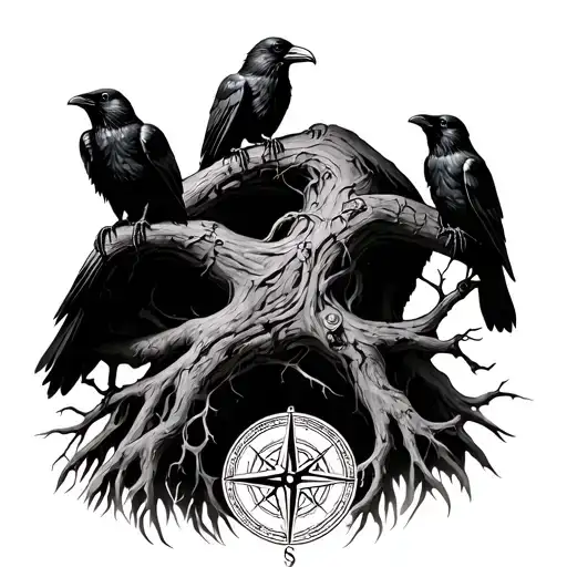 full arm sleeve, Odin's ravens perched on Yggdrasil with deep roots entwined with Viking compass tattoo design idea