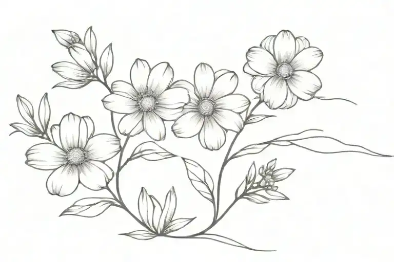 daisy, magnolia, violit, and marigold flowers tattoo design idea