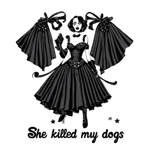 Cruella. full body dress. Rock concert style. Bottom title: "She killed my dogs". Dalmatians background tattoo design idea
