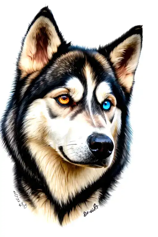 Siberian Husky mix with timberwolf with a blue eye and a brown eye tattoo design idea