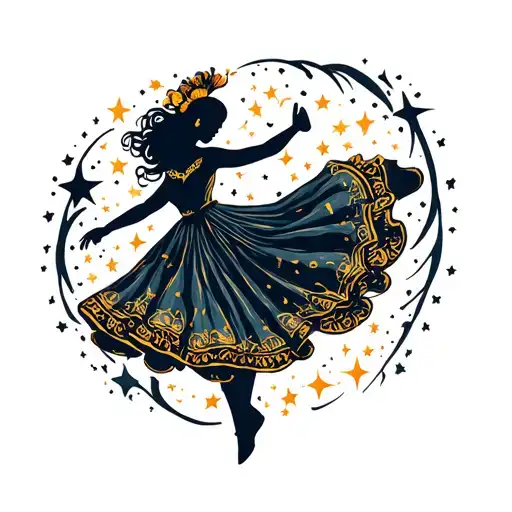 A flamenco dancer silhouette surrounded by swirling stars tattoo design idea