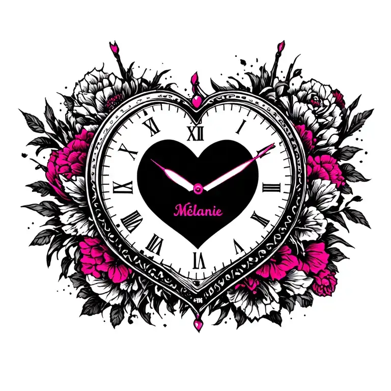 "Mélanie" black pink heart clock tattoo design idea