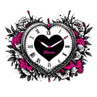 "Mélanie" black pink heart clock tattoo design idea