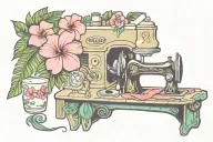 sewing machine palm tree wave cocktail coconut plumeria tiki tattoo design idea