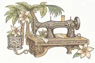 sewing machine palm tree wave cocktail coconut plumeria tiki tattoo design idea