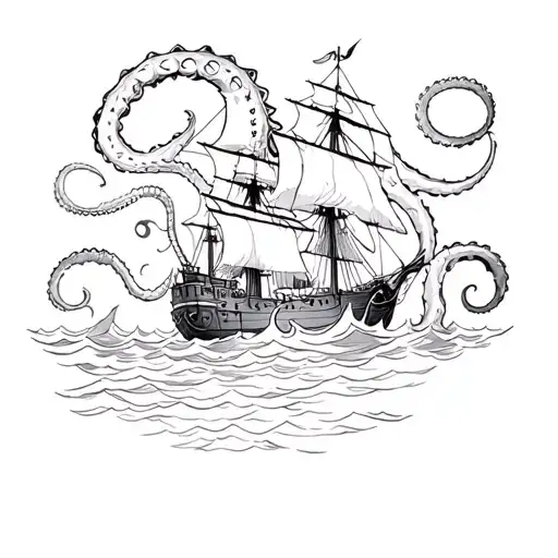 Kraken drowns a ship in a storm tattoo design idea