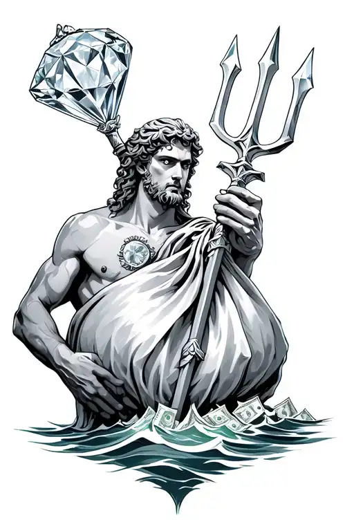 Poseidon holding a diamond covered trident. in the other hand gripping the top of a ripped bag of money over the ocean tattoo design idea