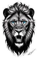 Imagine A Roaring Lion's Face,Drawn In Sharp,Minimalist Lines. The Expression Is Intense,dark blue eyes... Tattoo tattoo design idea