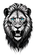 Imagine A Roaring Lion's Face,Drawn In Sharp,Minimalist Lines. The Expression Is Intense,dark blue eyes... Tattoo tattoo design idea
