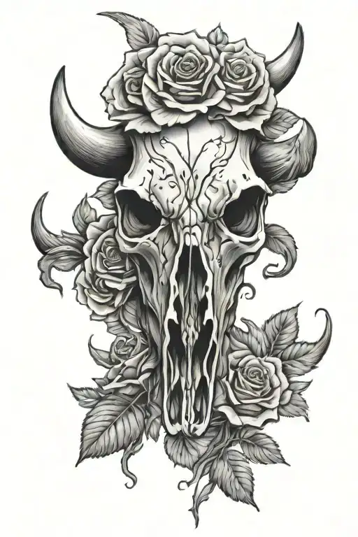 western cow skull with roses tattoo design idea