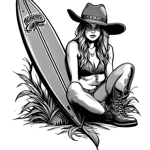 cowgirl boots and surf board with cowgirl hat sitting tattoo design idea