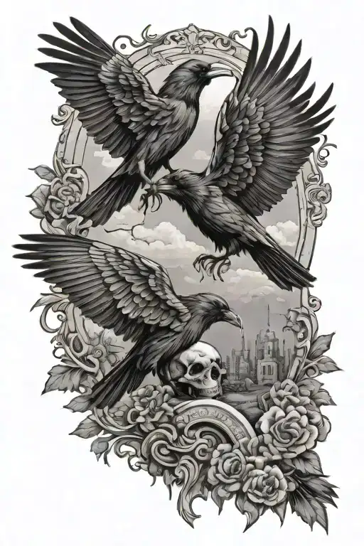 ravens, cemetery, darkness, death angel tattoo design idea