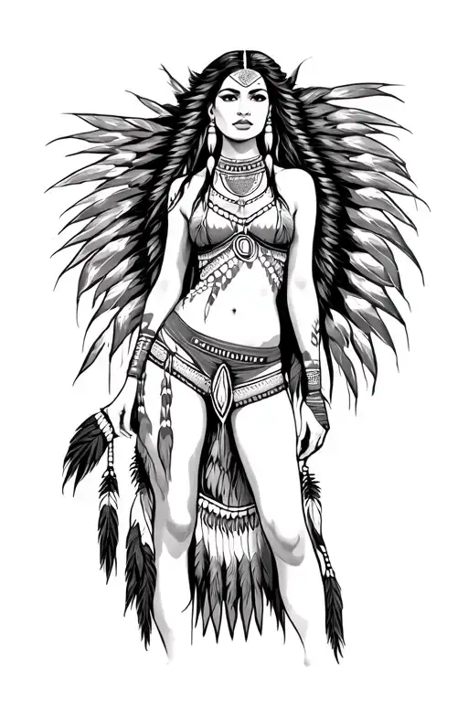 sexy native american woman standing tattoo design idea