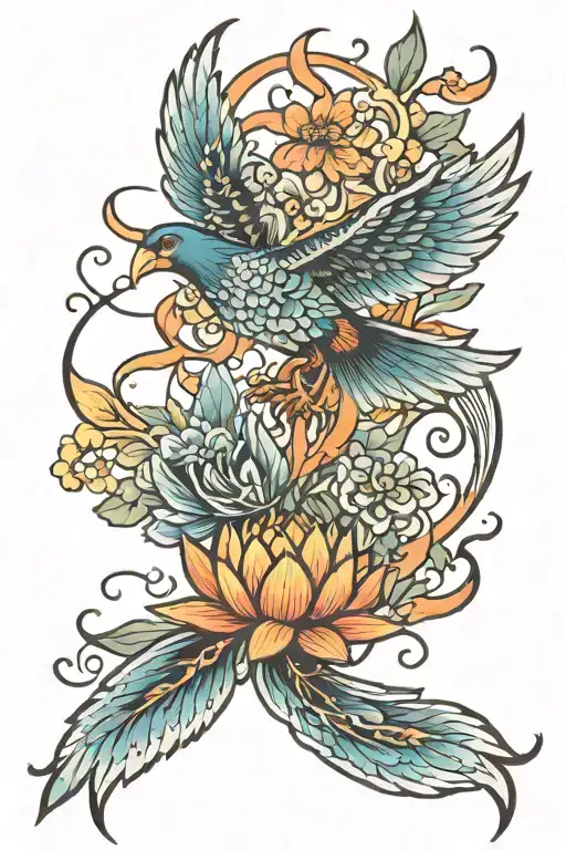 Phoenix flying wings with lotus flower with orange blossoms tattoo design idea