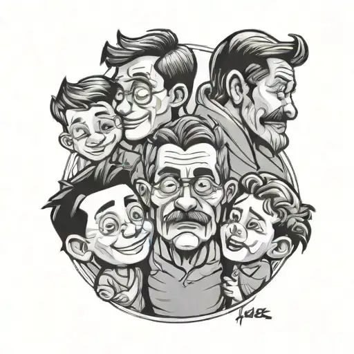 simplistic funny cartoon representation of father with 3 sons tattoo design idea