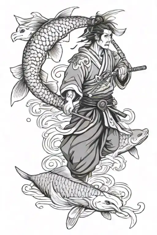 Samurai warrior with koi fish swimming upstream tattoo design idea