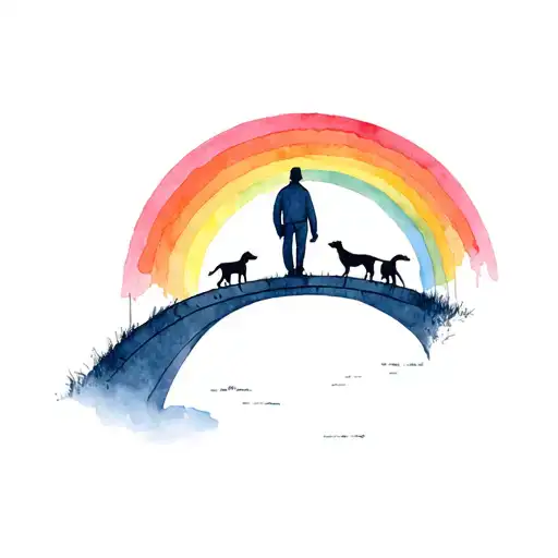 A man walking over the rainbow bridge being greeted by dogs tattoo design idea