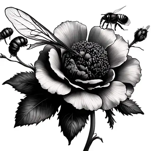 Carnation with bumble bee floating tattoo design idea
