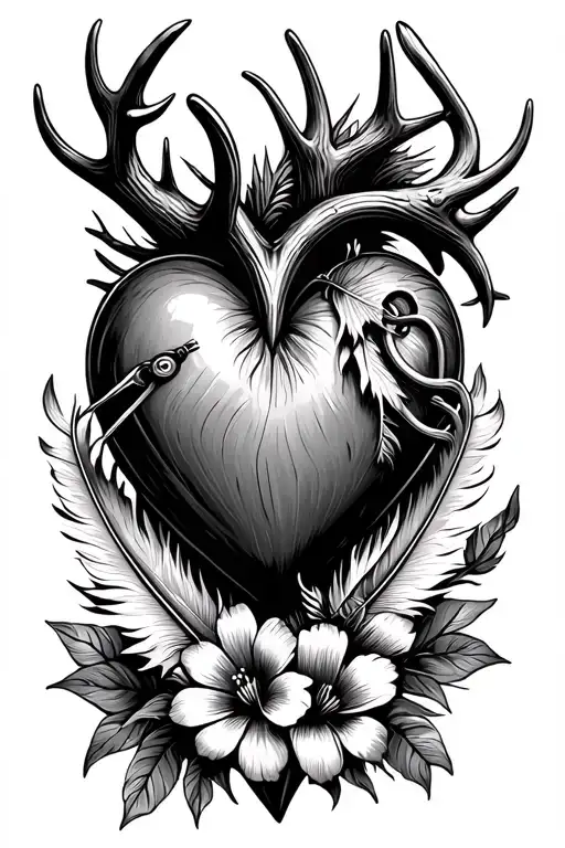 heart made out of fishing hook and antler with feather and flowers for detail tattoo design idea