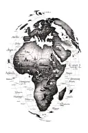A detailed world map with landmarks from all the places you've traveled to, incorporating elements of wildlife native tattoo design idea