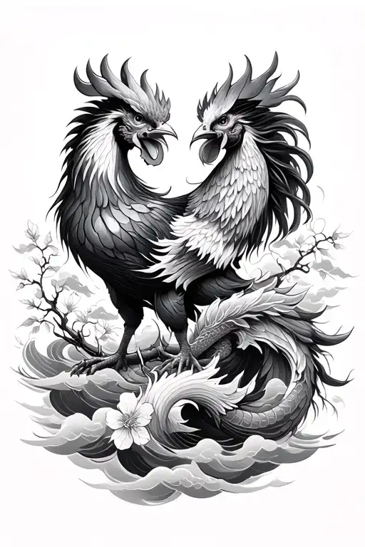 Chinese dragon and rooster facing each other full sleeve, clouds, waves and cherry blossoms as background tattoo design idea