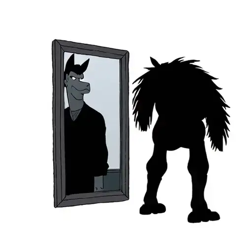 silhouette of Bojack Horseman standing in front of a mirror, but the reflection isn't quite him it's distorted, fading o tattoo design idea