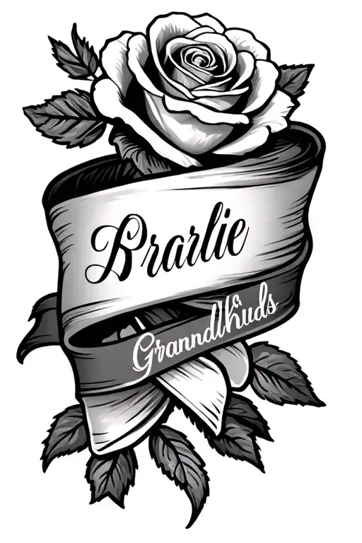 rose and ribbon with grandkids names incorporated tattoo design idea