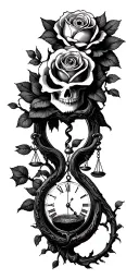 family tree, rose intertwined, evil eye, skull, scales, truth, pocket watch, hour glass tattoo design idea