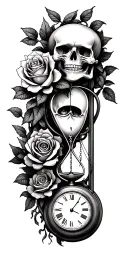family tree, rose intertwined, evil eye, skull, scales, truth, pocket watch, hour glass tattoo design idea