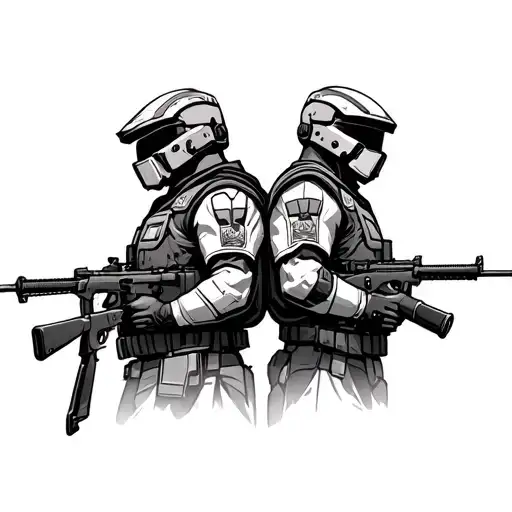 tattoo design of the characters Noble 6 and Chief Caster from halo facing back to back with their rifles at attention tattoo design idea
