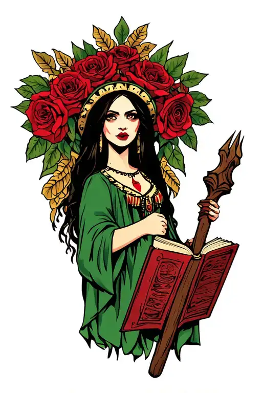 Buffy the vampire slayer as our lady Guadalupe Mexican with roses, holding a wooden spike and a vampyre book tattoo design idea