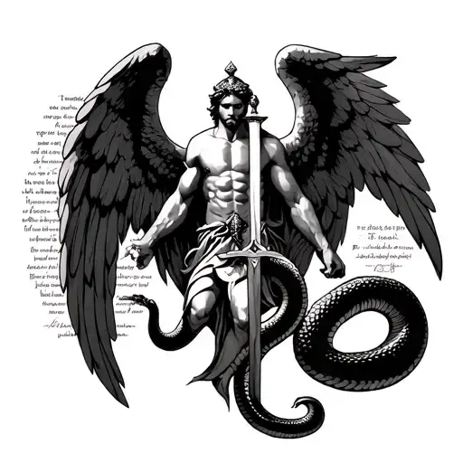archangel Michael defeating small snake, with sword . with symmetrical lines and circles and a small bible verse tattoo design idea