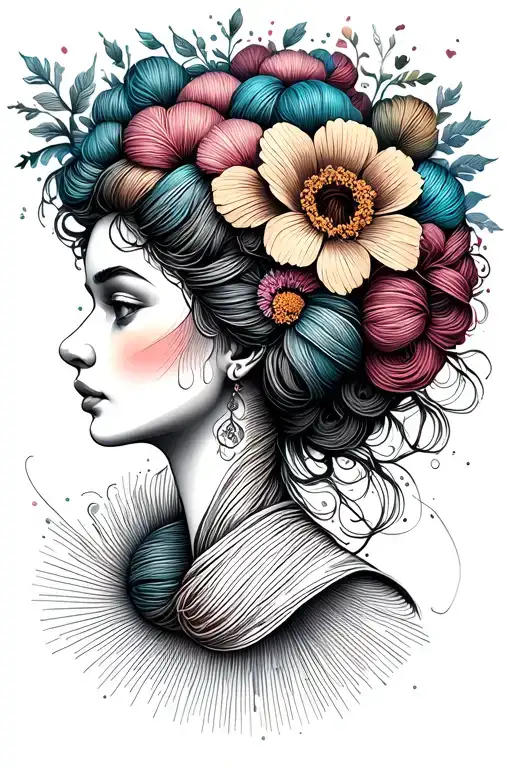 female face side profile with yarn exploding from top of head surrounded by flowers tattoo design idea