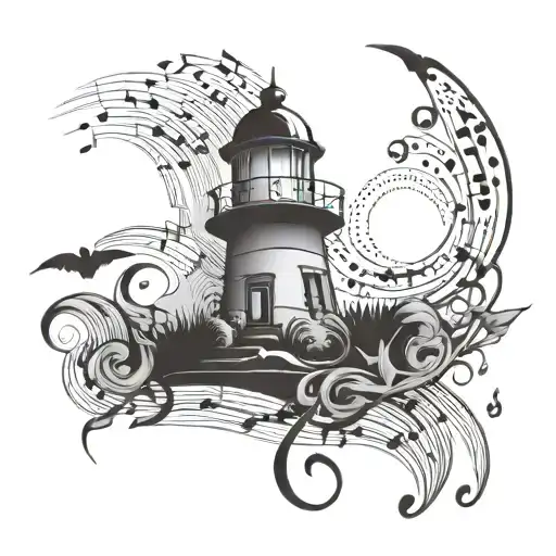 music notes turning into a lighthouse tattoo design idea