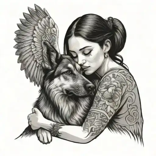 Beautiful long eye-lashed long haired Mexican girl hugging her angel German Shepard with eyes closed and sad tattoo design idea