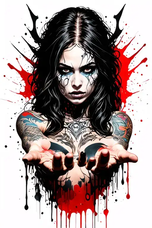 sexy pale women warrior with body tattoos. full body. messy long hair, seductive look, offering hands towards seducing  tattoo design idea
