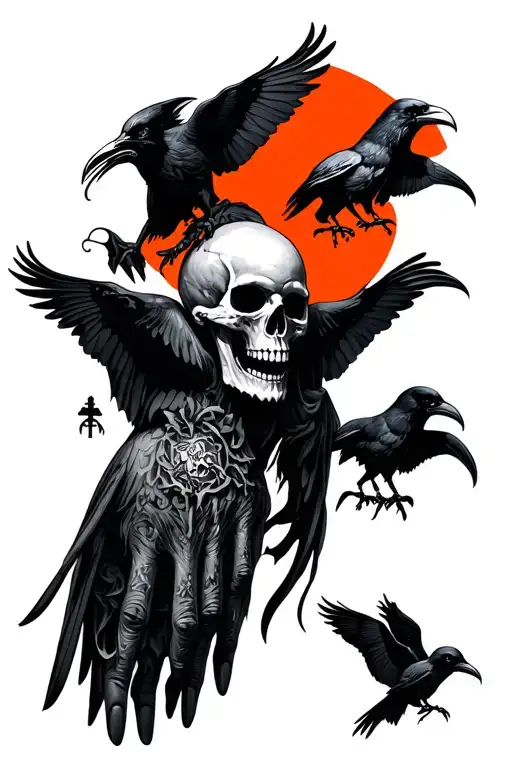 Tattoo in the style of horror with demons skulls with ravens of a cemetery with different colors on the whole hand tattoo design idea